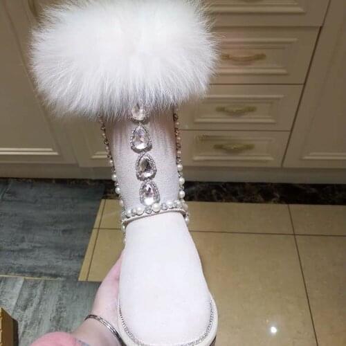 Handmade white Fox Fur Glitter Gem Rhinestone Snow Boots Flats Pearl String Crystal Winter Boots Girls Plush Warm Knee Boots
