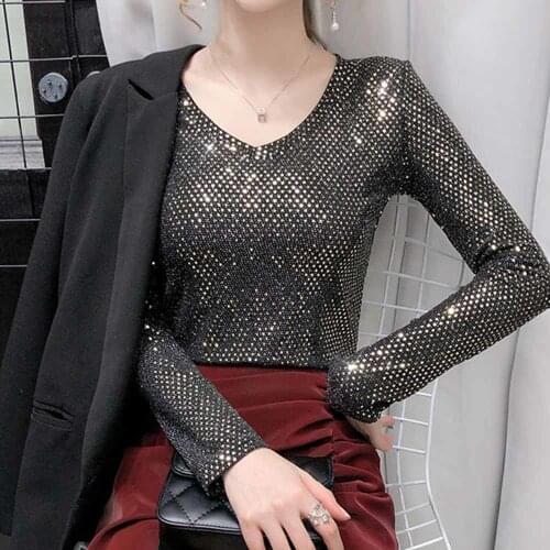 2021 Spring Autumn Clothes Sexy V-Neck Shiny Patchwork Diamonds T-shirt Women Tops Ropa Mujer Bright Bottoming Shirt Tees