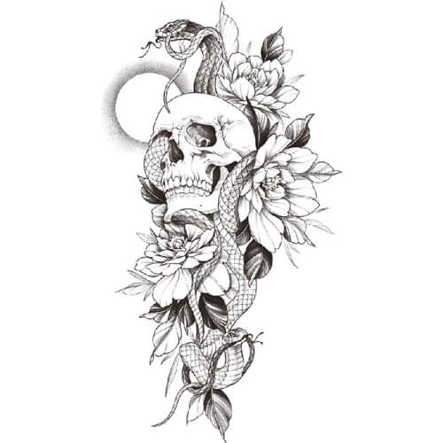 Temporary Tattoo Stickers Black Rose Flower Snake Moon Skull Design Fake Tattoos Waterproof Tatoos Arm Large Size for Women Girl