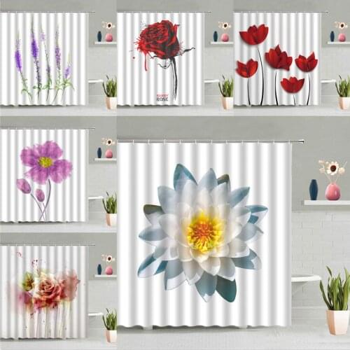 Plant Flower Shower Curtain Lotus Rose Lavender White Background Floral Bathroom Curtains Girl Waterproof Bath Screen Decor Hook