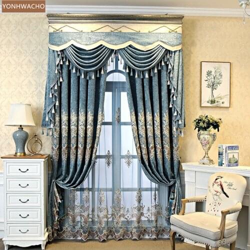 Custom curtains European palace shading high-end luxury villa living room blue cloth blackout curtain valance tulle drape C872