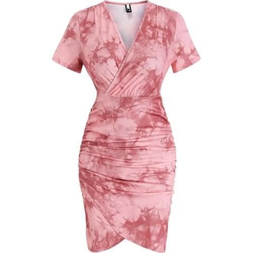 ZC3164 2021 Summer new women fashion temperament sweet sexy V collar short sleeve tight wrap buttock dress cheap wholesale