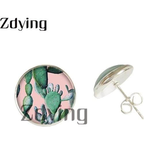 Zdying Fashion Green Cactus Stud Earring Glass Photo Cabochon Dome Ear Jewelry For Girl Womens Party Birthday Gift ST049