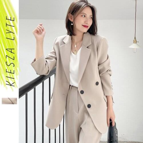 Womens Pants Sets 2021 New Minimalism Blazer Jacket and Long Pants Solid Beige Offical Lady Two Pieces Sets