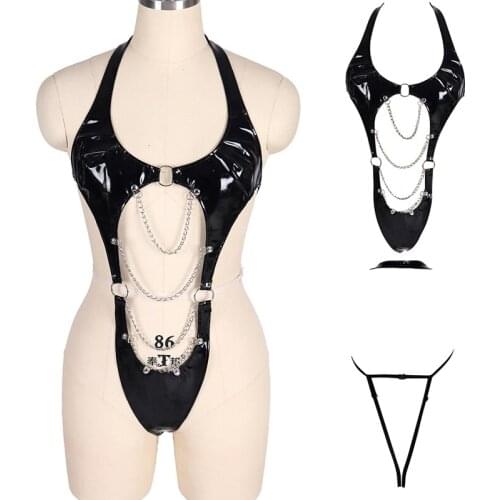 Womens Latex Patent Leather Leather Harness Set Sexy Metal Chain Womens Erotic Lingerie Bra Gothic Party Prom Hollow Costum