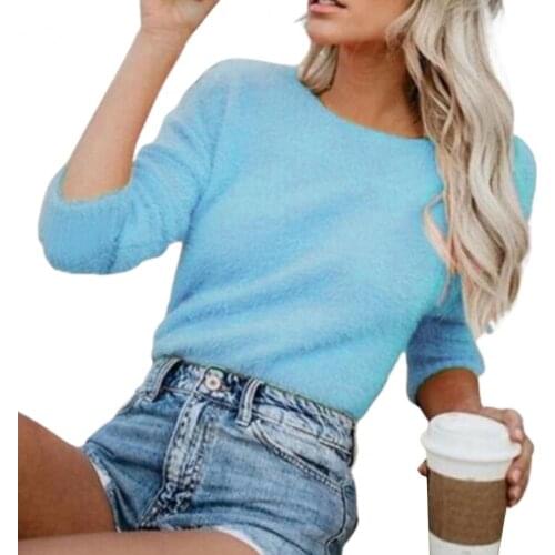 Women Autumn Spring Plush Casual Fall Top Solid Color Skin-friendly All Match Round Neck Women Warm Fall Sweater for Winter