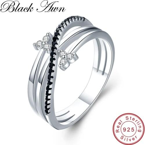[BLACK AWN] Hyperbole 3g 925 Sterling Silver Fine Jewelry Bague Row Black Spinel Leaf Wedding Ring for Women G005