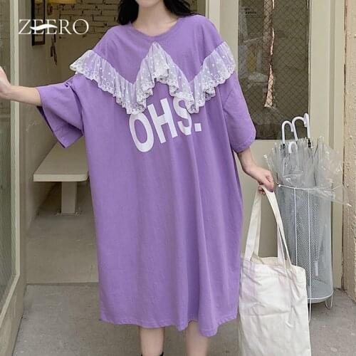 2021 Korean Casual Letter Print Splicing Lace Ruffle Loose Black Dresses for Women Summer Midi Plus Size Dress Vestido De Mujer