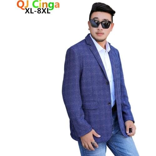 8XL Fat Man Plaid Suit Jacket Suitable for 60kg-140kg Men Blazers Blue Business Casual Jaqueta Plus Size Two Button Tuxedo Coat