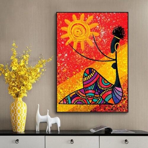 Black Woman with Sun Wall Art Painting Abstract Figure African Girl Red Yellow Canvas Poster for Living Room Picture Print Decor