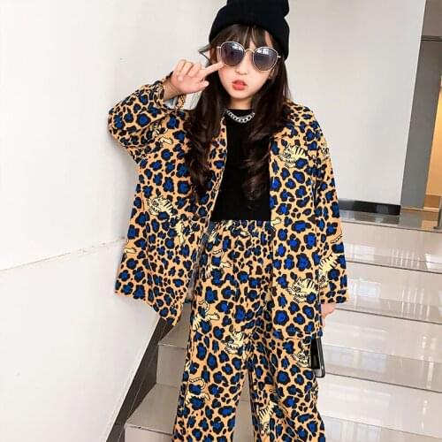 2021 Kids Hip Hop Dance Clothes Fashion Leopard Tops Hip Hop Pants Girls Loose Clothing Street Dance Jazz Show Costume Rave Wear