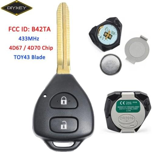 DIYKEY Genuine FCC: B42TA for Toyota Hilux Yaris 4Runner 433MHz 4D67/ 4D70 Chip Replacement Remote Key Fob 2 Button TOY43 Blade