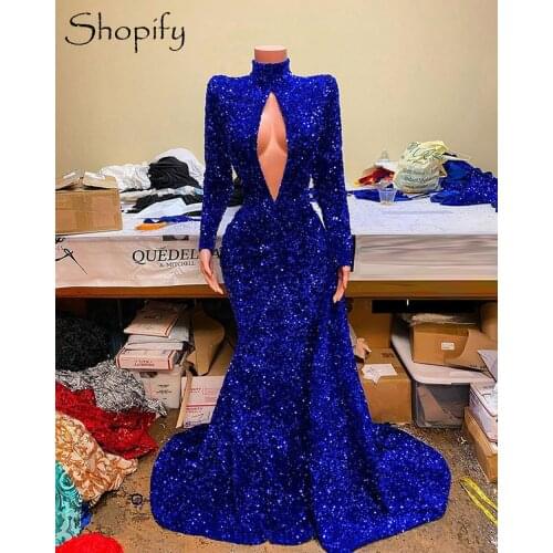 Long Sparkly Prom Dresses 2021 High Neck Long Sleeve Sexy Mermaid Royal Blue Sequined African Black Girls Prom Gala Party Gowns