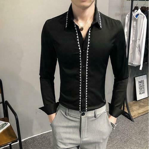 Mens Spring New Fashion Black White Long Sleeve Slim Business Casual Party Shirt C160