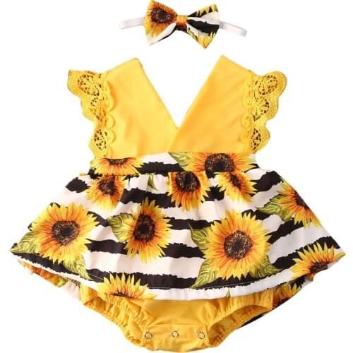 0-24M Newborn Baby Girls Romper Dress Sunflowers Print Lace Sleeve V Neck Jumpsuits Headband 2pcs