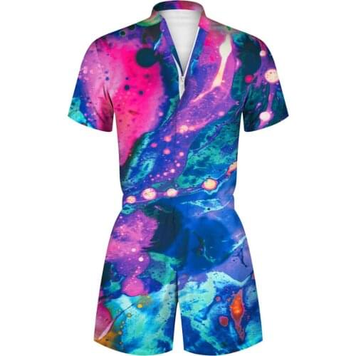 Women Men Rompers Short Sleeve Street One Piece Zipper Romper Beach Casual Cargo Pants Jumpsuit Overall Shirt T-Shirt Shorts Set