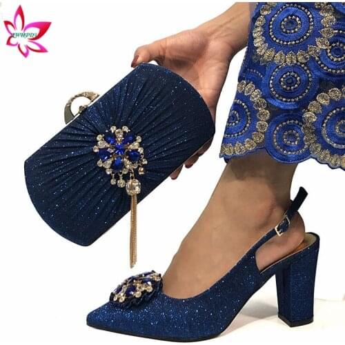 2020 Marute Royal Blue African women Shoes and Bags To Match Set High Quality Wedding Party Shoes and Bag Sets for Wedding