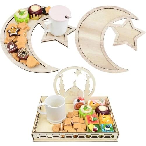 Creative Wood Moon Dinner Plate Ramadan Mubarak Supplies Wooden Tableware for Islamic Eid Mubarak Food Cake Snack Tray Ornament