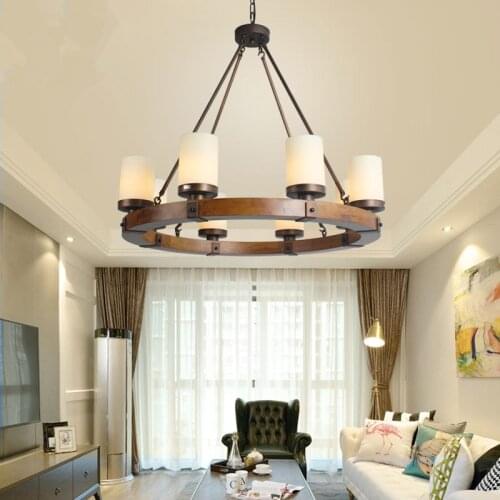 Retro Village Perdant Light American Wooden Round Iron Chandelier for Villa /Living Room /Library/Museum/Retro cafe