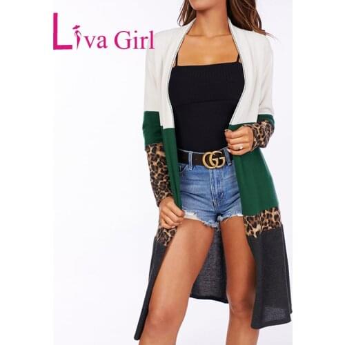 LIVA GIRL Colorblock Leopard Print Patchwork Knit Long Cardigan Autumn Spring Full Sleeve Slim Female Sweaters Casual Woman Coat