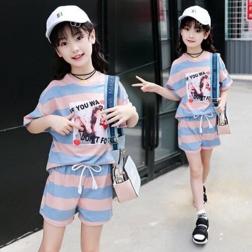 Fashion 2019 Girl Summer Outfits Infant Kid Short Sleeve Tshirt Shorts 2pcs Clothes Set Cotton Stripe Print Tshirt