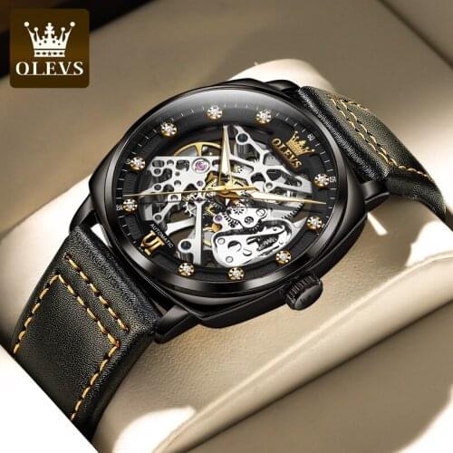 Olevs automatic mechanical self winding mens watch sports Top retro hollow skeleton waterproof watch Leather religio masculino