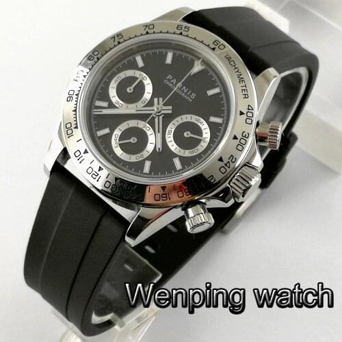 Mens luxury watches PARNIS 39mm black dial sapphire glass rubber strap full Chronograph Multi-function quartz watch gift