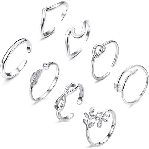 6/8/10/12Pcs 925 Sterling Silver Set Hand And Foot Adjustable OpeningRing Punk Sweet Style Fashion Jewelry Gift