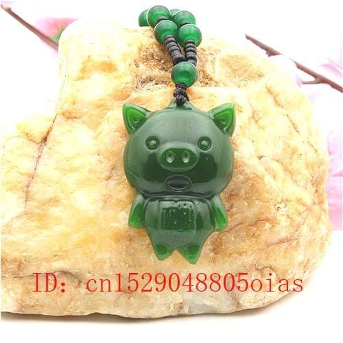 Natural Green Chinese Jade Kawaii Pig Pendant Beads Necklace Fashion Charm Jadeite Jewelry Carved Amulet Gifts for Women Men
