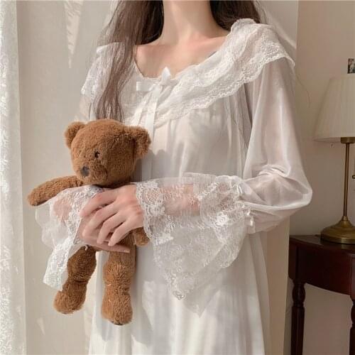 Princess Sleepwear Fairy Night Dress Women White Lace Mesh Lolita Dress Vintage Victorian Kawaii Nightgowns Peignoir Lounge Wear