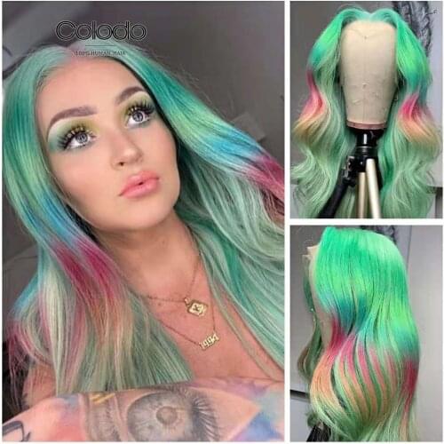 COLODO Green Color 13x4 Lace Front Wigs Pre Plucked Brazilian Wavy Human Hair Wig Remy Glueless Highlight Lace Wig for Women