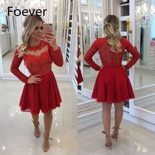 Sexy Lace A Line Dresses 2019 Long Sleeves Short Appliques Lace Pearls Party Dress for Formal Evening Gown