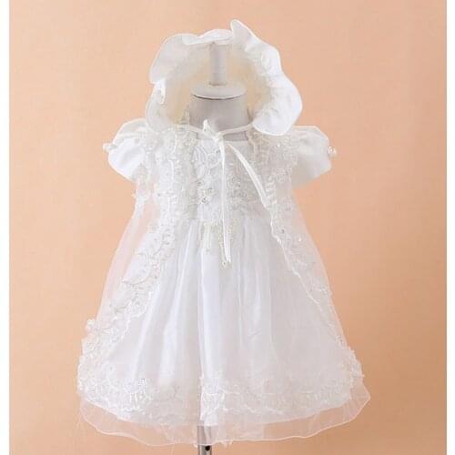 Baby Girls Christening Gown with Hat Birthday Wedding Party Baby Dresses Lace Embroidery Infant Baptism Vestidos Infantis 3-18M