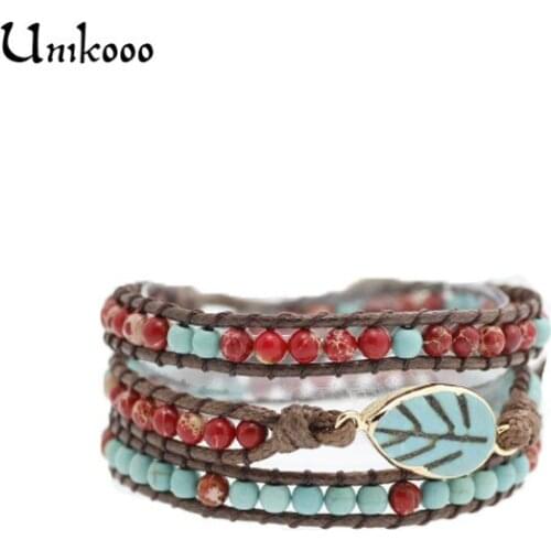 Semi Precious Stone Antique Leaf Charm 3 Strands Handmade Wax Cord Wrap Bracelet Multi Layered Vintage Beads Bracelet