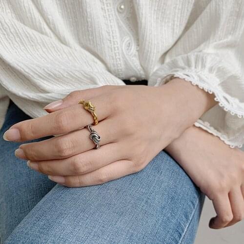 POPACC 925 Sterling Silver Retro Handmade Knot Thai Silver Ring for Women Twist Wave Open Finger Ring Jewlery Gifts