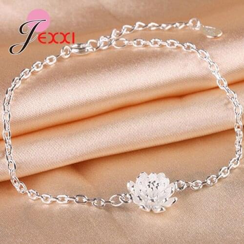 Super Deals 925 Sterling Silver Chain Bracelets Jewelry for Lovely Girl Women Shining Silver Metal Flower Shaped Charms Bangles