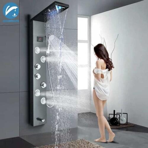 LED Shower Panel Shower Faucet Tower Tap Stainless Steel Digital Temperature Display Swivel SPA Sprayer Jets Shower Column
