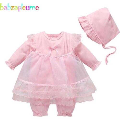 2Piece Spring Fall Clothing Sets Baby Girl Clothes Pink Cute Long Sleeve Lace Princess Newborn Romper+Hat Infant Jumpsuit BC1879