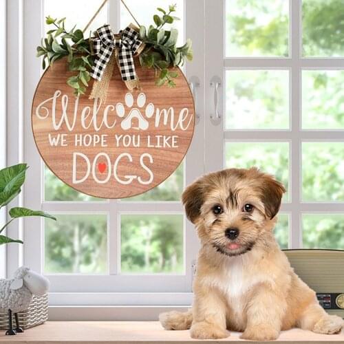 Dogs Welcome Door Hanging Wreath Door Front Decoration Plaques Pet Dog Reminder Signs Home Big Plaid Bow Wreath House Decor