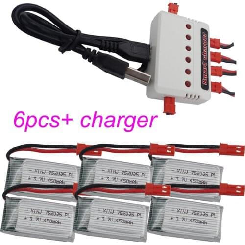 XINJ 6pcs+charger 3.7V 450mAh 25C Rechargeable Lithium-Polymer Li-po battery 752035 for SYMA X5 X4H1007 F180 RC Quadcopter Drone