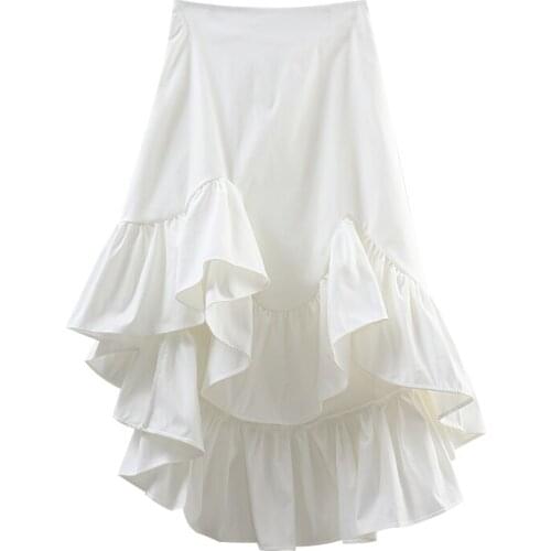White Fashion Korean Ruffle Midi Long A-line Skirt Women Casual Spring Summer High Waist Irregular All-match Skirts Female