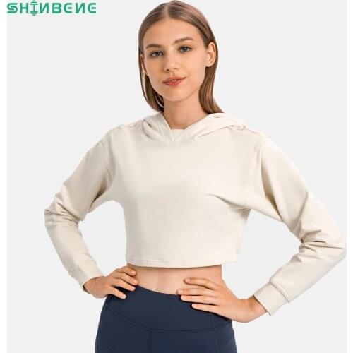SHINBENE EVERYDAY Terry Cotton Long Sleeve Workout Cropped Hoodies Women Comfy Workout Sport Sweatshirts Leisure Gym Pullover
