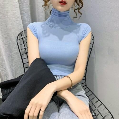 Gkfnmt Sleeveless Turtleneck Tshirt Cotton Summer Shirts Woman New Korean Style Slim T-shirt Womens Tee Tees Students Tops 2021