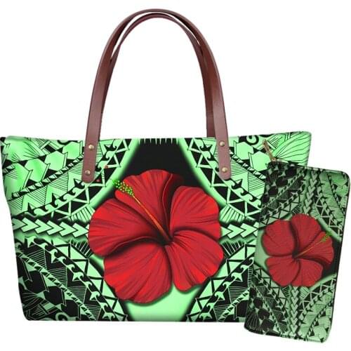 Women PU Leather Tote Bags Purse Set Floral Strips Wallet Fashion Polynesia Shop Female Large Capacity Travel Shoulder Bags
