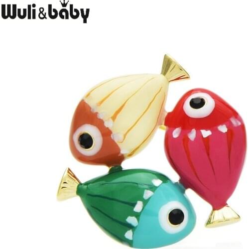 Wuli&baby Cute Enamel Fish Brooches Women Unisex Playing Three fish Sea Animal Party Office Brooch Pins Gifts
