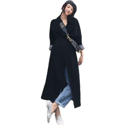 WSYORE Women Casual Slim Trench Coat Spring and Autumn Black Long Windbreaker Jacket Female Plus Size OL Jacket NS2773