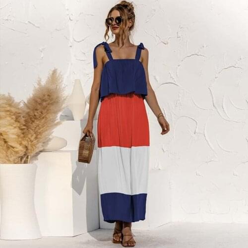 Summer Women Contrasting Color Patchwork Sling Dress Mid Waist Casual Loose Street Slash Neck Sleeveless Sexy Ladies Dress