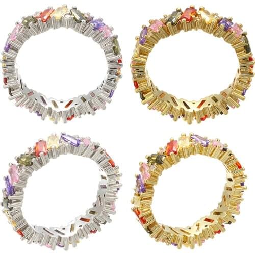 ZHUKOU 5x23mm women Ring Engagement Handmade Rainbow Trapezoid Rings For Women Fashion Finger Accessories Wedding Band VJ8