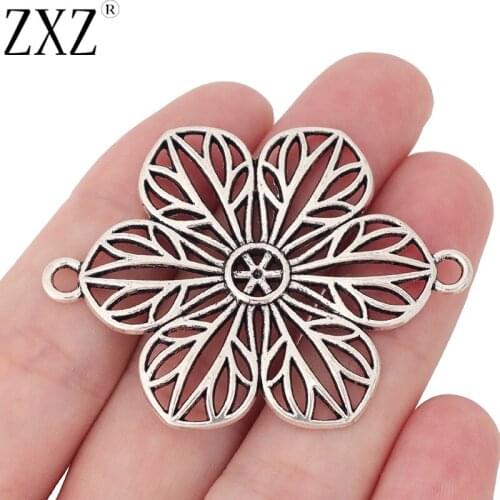 ZXZ 10pcs Tibetan Silver Filigree Flower Connector Charms Pendants for Bracelet Necklace Jewelry Making Findings 54x40mm