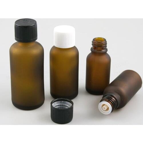 12 x 100ML 50ML 30ML 20ML 10ML 5ML Frost Amber Aromatherapy Oil Bottle With White Black child resistance orifice reducer